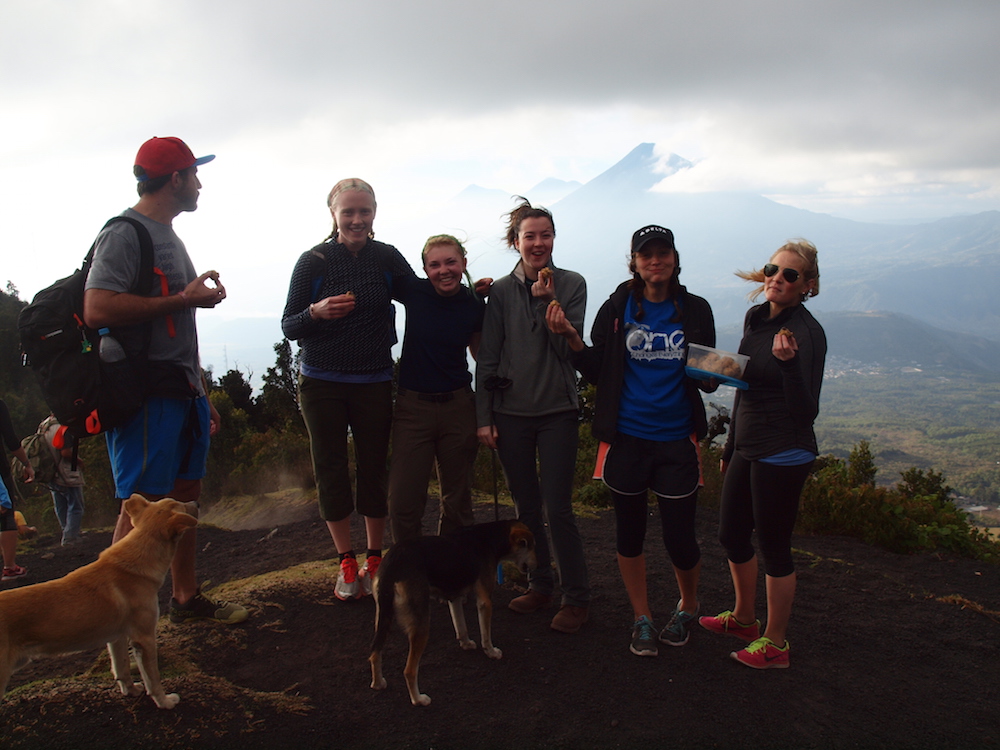 Spanish students pose at the top of an active volcano 