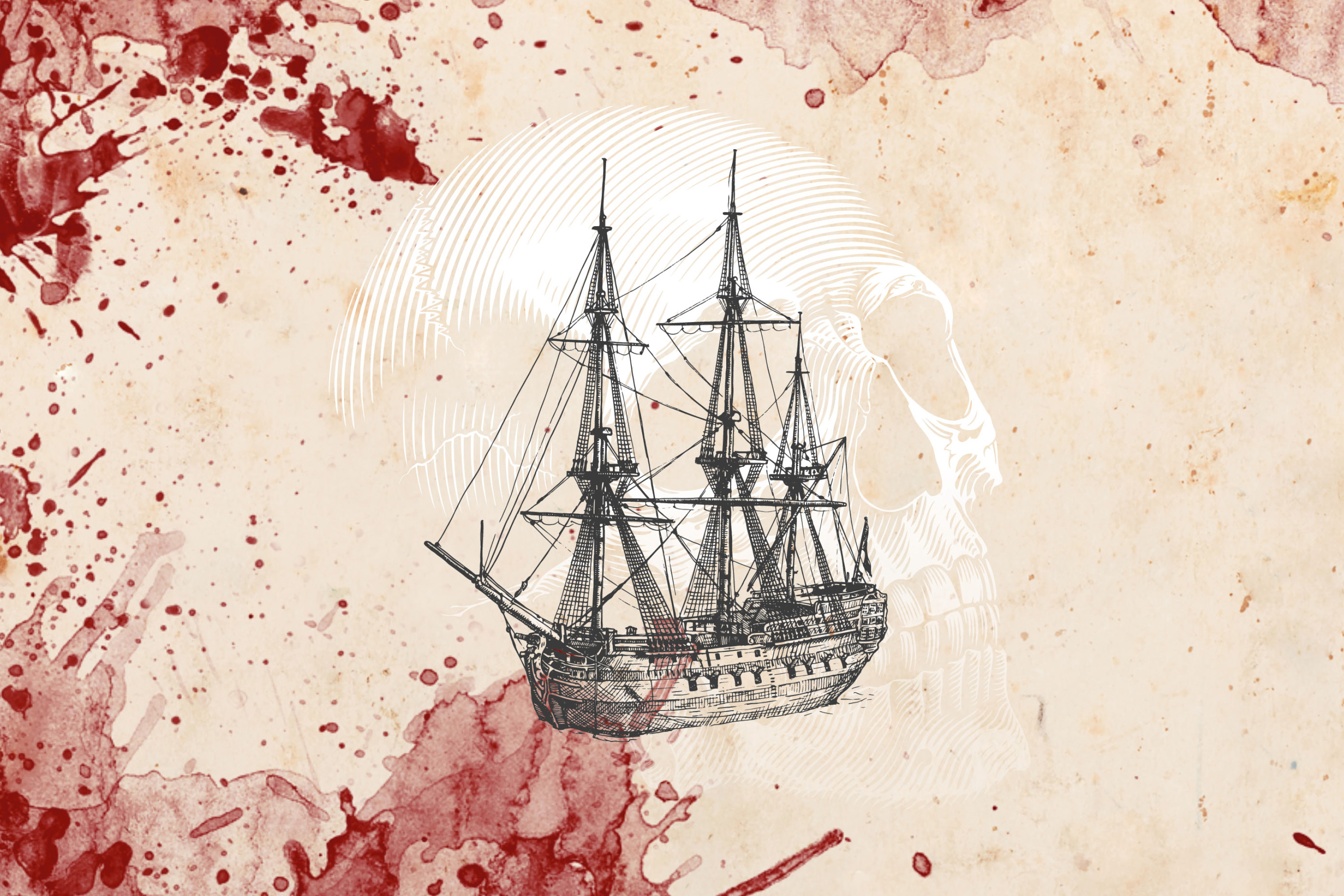 Illustration of an old ship with a skull behind it