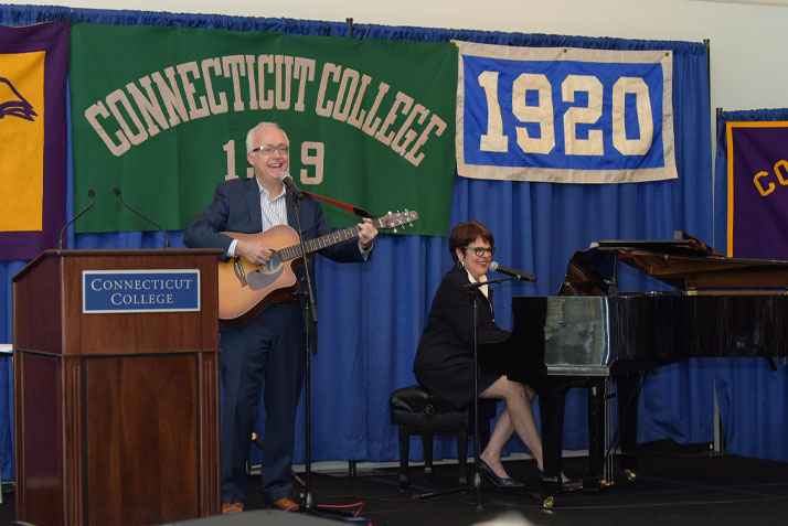 President Katherine Bergeron and Professor Butch Rovan present a talk on music in social movements at the Sykes Luncheon.